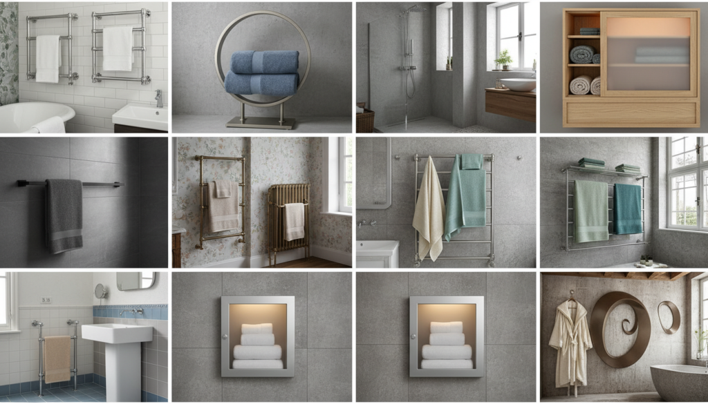 Various towel warmer styles and sizes in different bathroom settings