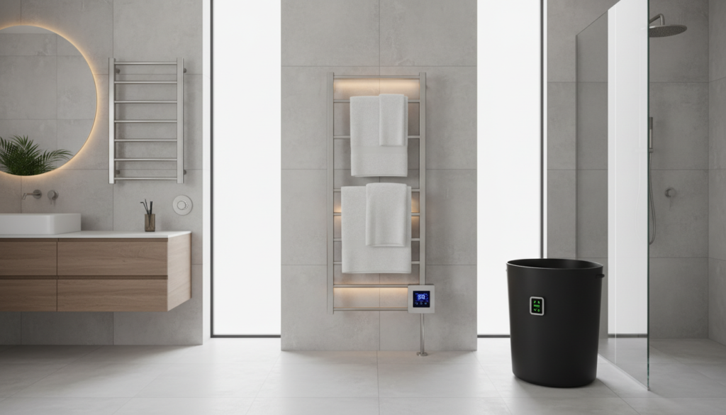 Various types of towel warmers with timer features displayed in a modern bathroom setting