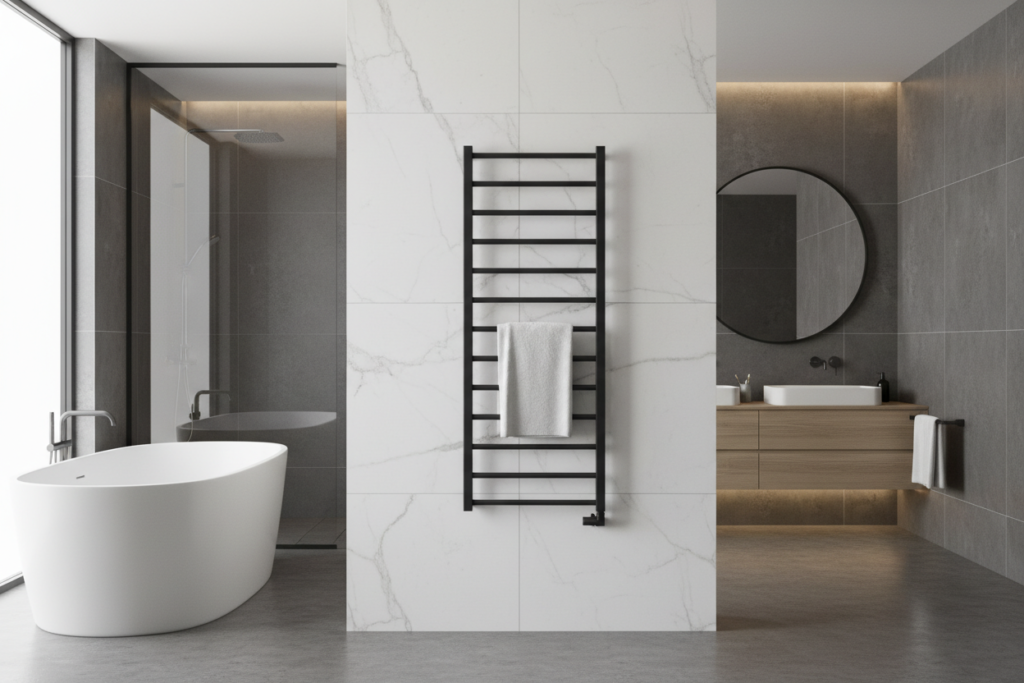 Wall-mounted black towel warmer in a modern bathroom