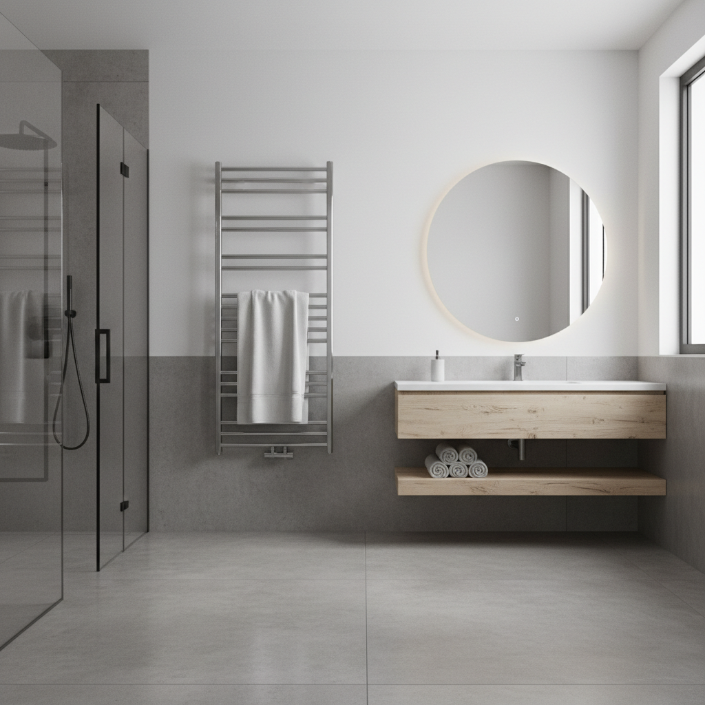 Wall-mounted brass towel warmer in a modern bathroom