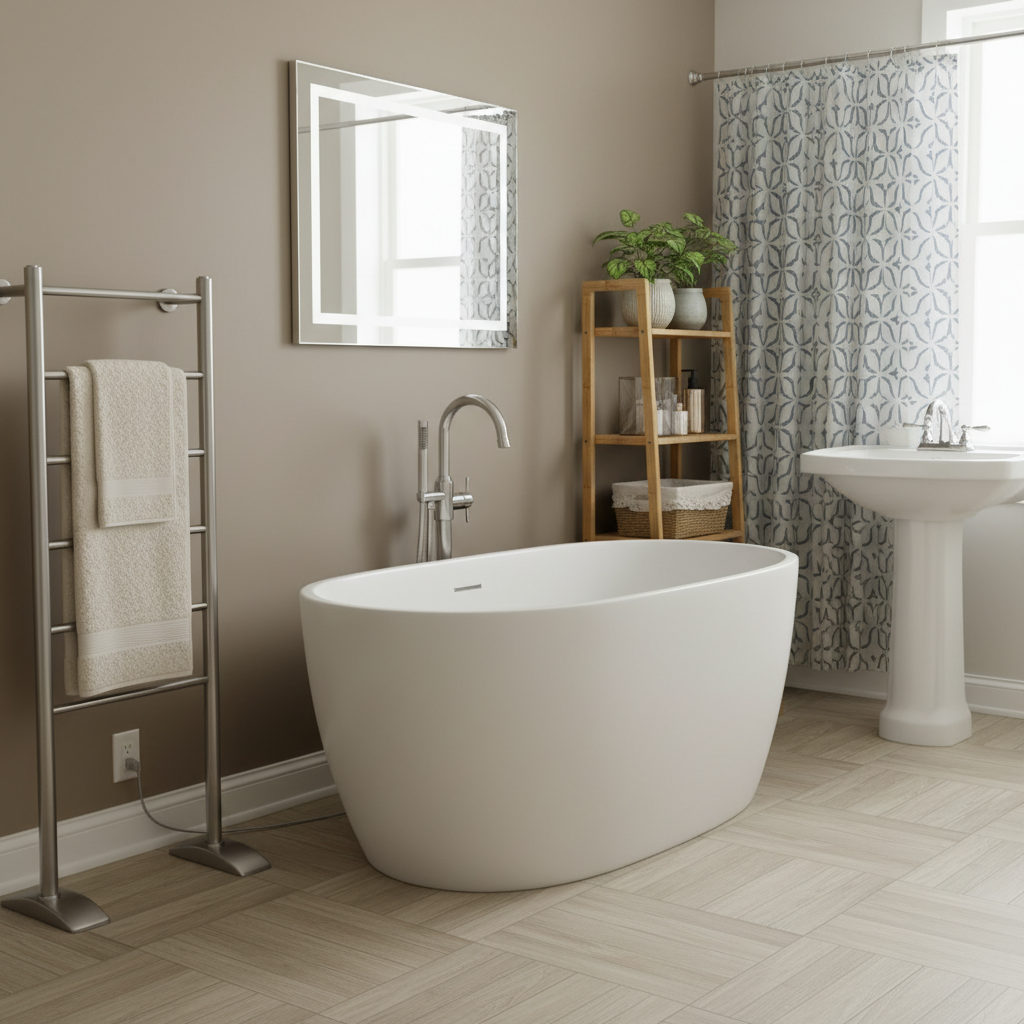 WarmlyYours Barcelona freestanding towel warmer next to bathtub WarmlyYours Barcelona freestanding towel warmer next to bathtub