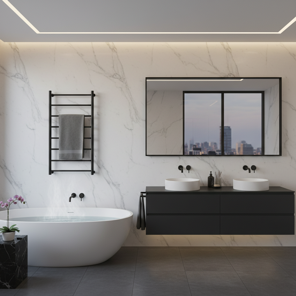 WarmlyYours Summit towel warmer in a luxury bathroom WarmlyYours Summit towel warmer in a luxury bathroom