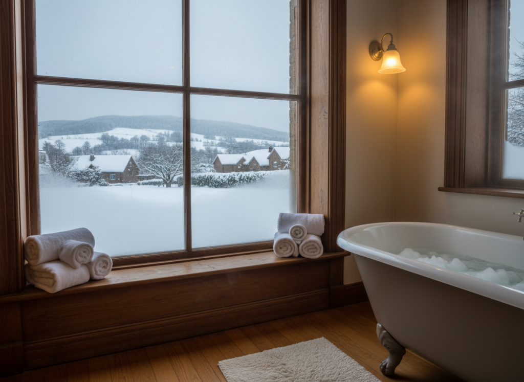Winter bathroom scene suggesting seasonal benefits of warm towels